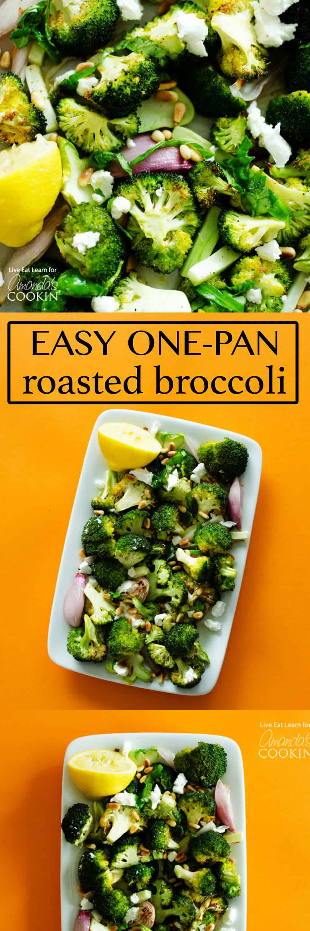 Questo piatto di broccoli arrostiti è completato da condimento al limone e basilico, formaggio di capra sbriciolato e pinoli tostati!