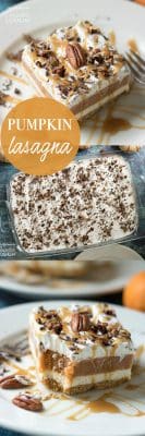 Questa lasagna di zucca ha una crosta di cracker graham, uno strato di crema di formaggio dolce, budino di gelatina di spezie di zucca, frusta fresca e condita con noci tostate e tritate.