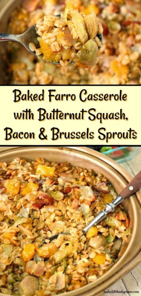 Immagine verticale del collage del testo del titolo della casseruola di farro al forno con zucca torta e cavoletti di Bruxelles. Riepilogo delle ricette popolari dei contorni del Ringraziamento.
