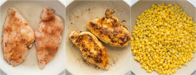 Come preparare una ciotola di quinoa con quinoa, pollo stagionato e mais fritto.
