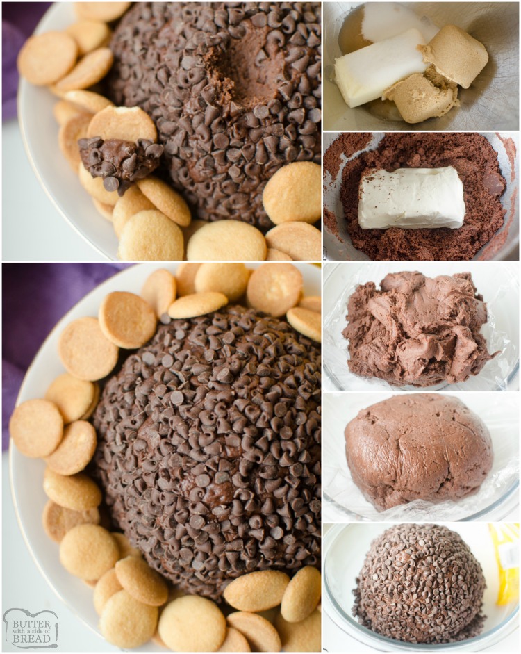 Double Chocolate Chip Cheese Ball è proprio questo ... due volte il cioccolato si è trasformato in una pallina di formaggio dolce due volte! Il ricco impasto al cioccolato combinato con la crema di formaggio piccante e poi arrotolato in mini gocce di cioccolato lo rende uno spuntino o un dessert delizioso e delizioso!