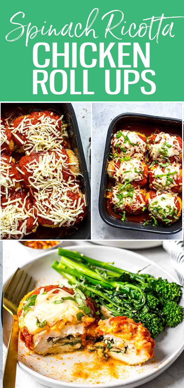 Questi semplici involtini di pollo ripieni di spinaci sono ripieni di ricotta, funghi, pomodori secchi e mozzarella, quindi conditi con pangrattato e salsa marinara: sono la cena perfetta per il pollo! #Chickenrollups #stuffedchicken