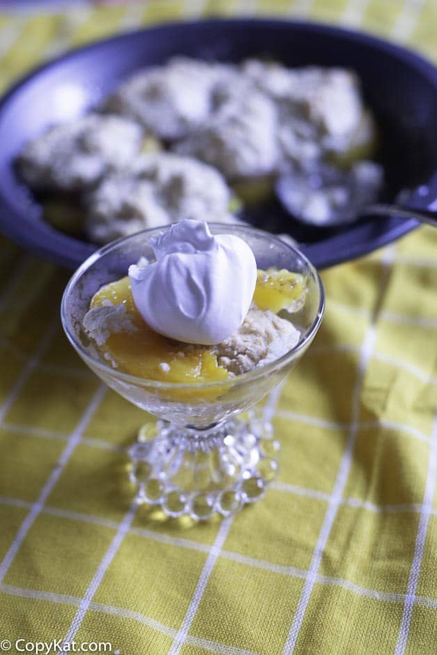 Una lastra di vetro con torta di pesche fatta in casa e topping montata