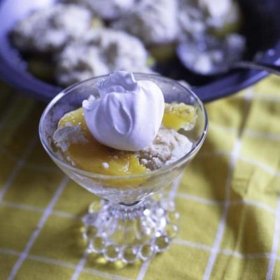 Una lastra di vetro con torta di pesche fatta in casa e topping montato