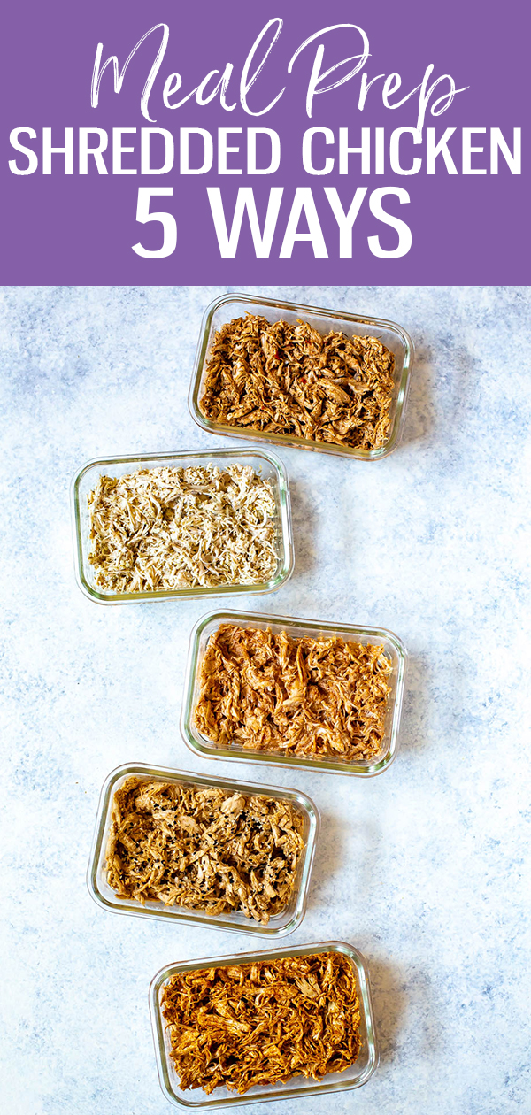 Queste ricette di pollo grattugiato sono perfette per la preparazione dei pasti: ti do 5 combinazioni di sapori da provare, oltre a come usare il pollo grattugiato nella tua cucina quotidiana. Prova messicano, greco, barbecue e altro! #shreddedchicken #mealprep