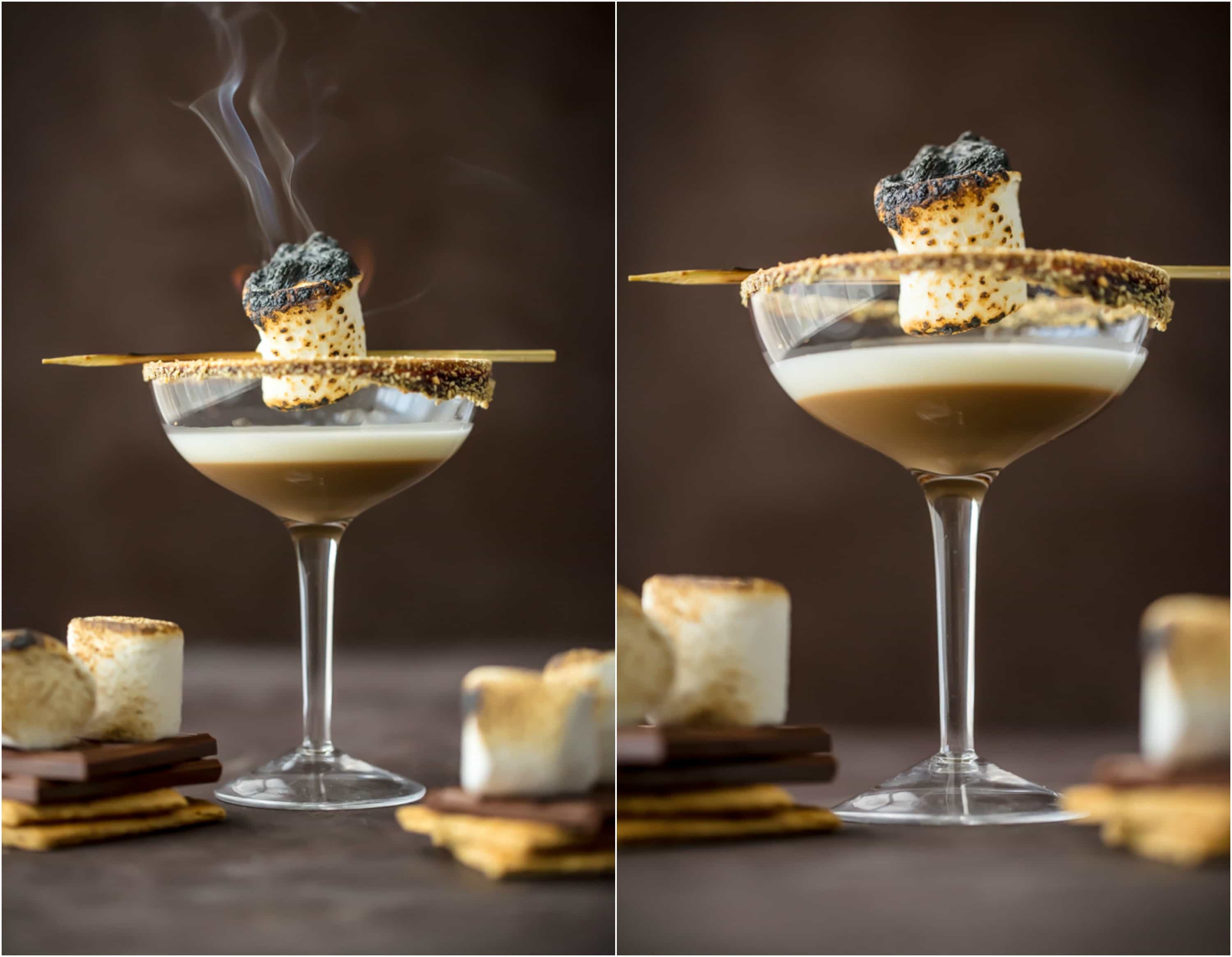 Este S'MORE MARTINI TOSTADO es tan delicioso como hermoso. ¡Con capas de crema, vodka de malvavisco y licor de chocolate, todo lo que necesitas es un borde de galleta Graham! Muy divertido y festivo para el otoño. Fotografía de cóctel fotografía de libros de cocina