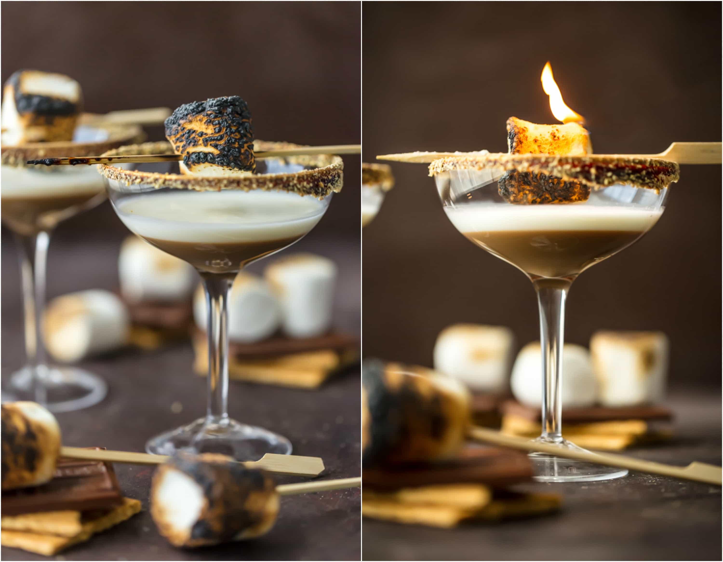 Este S'MORE MARTINI TOSTADO es tan delicioso como hermoso. ¡Con capas de crema, vodka de malvavisco y licor de chocolate, todo lo que necesitas es un borde de galleta Graham! Muy divertido y festivo para el otoño. Fotografía de cóctel fotografía de libros de cocina