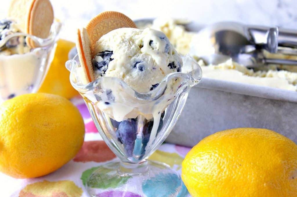 Piatto da gelato in vetro antico con gelato, limoni, mirtilli e biscotti.