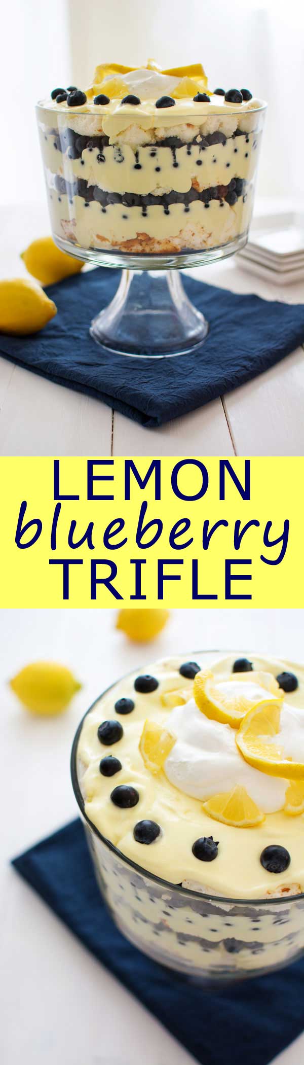 Trifle al mirtillo rosso al limone: budino al limone, frusta fresca e mirtilli succosi. Può essere fatto con cibo per angeli o torta di libbra! | #dessert #recipe #dessertrecipe #desserttable #nobake #recipes #recipeideas #blueberries #food #foodblog #foodgawker #spring #summer #easter #lemon