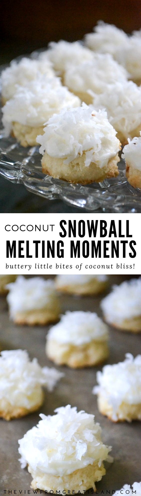 Coconut Snowball Melting Moments are buttery little bites of coconut bliss ~ perfect for the holidays, or any day! Easy #recipe #shortbread #meltingmoments #shortbreadcookies #cookies #holidaycookies #baking #coconut #coconutcookies #retro #retrorecipe #christmascookies #dessert #holidaybaking #easycookies