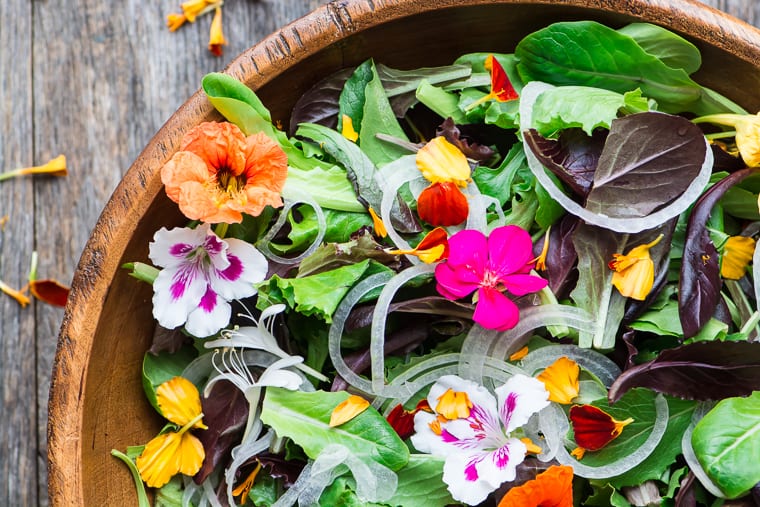 Insalata di primavera con fiori commestibili ~ Questa semplice insalata è primavera in una ciotola!