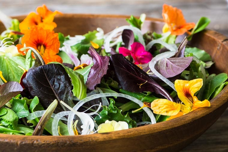 Insalata di primavera con fiori commestibili ~ Scopri come ottenere e usare i fiori commestibili per portare la tua insalata da normale a spettacolare!