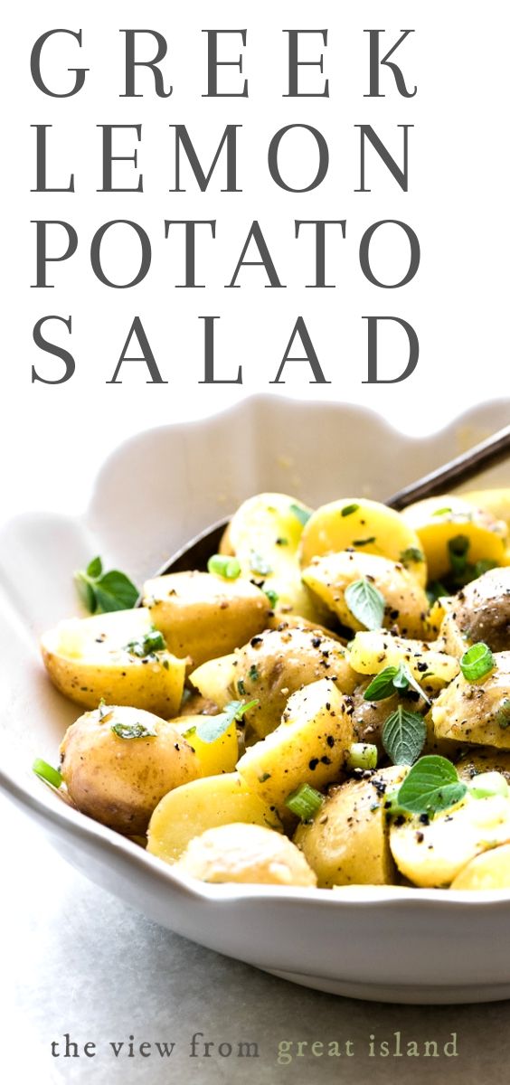 This Greek Lemon Potato Salad bursts with sunny Mediterranean flavors, and is a healthier no-mayo alternative to classic potato salad. #easy #healthy #recipe #Mediterranean #lemon #oregano #nomayo #classic #best