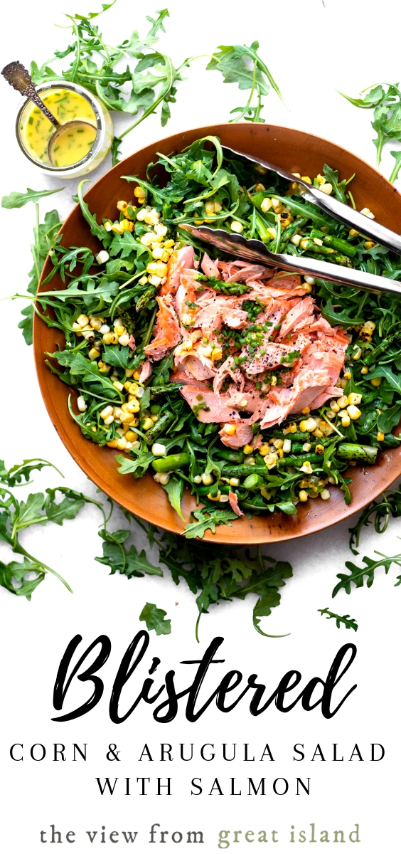 Blistered Corn and Asparagus Salad with Salmon dressed in a creamy lemon chive dressing ~ a healthy vibrant main course salad that satisfies ~ a win win! #easy #healthy #glutenfree #recipe #salmon #fish #maincourse #salad #arugula #cornsalad #asparagussalad #roastedvegetables #meatless