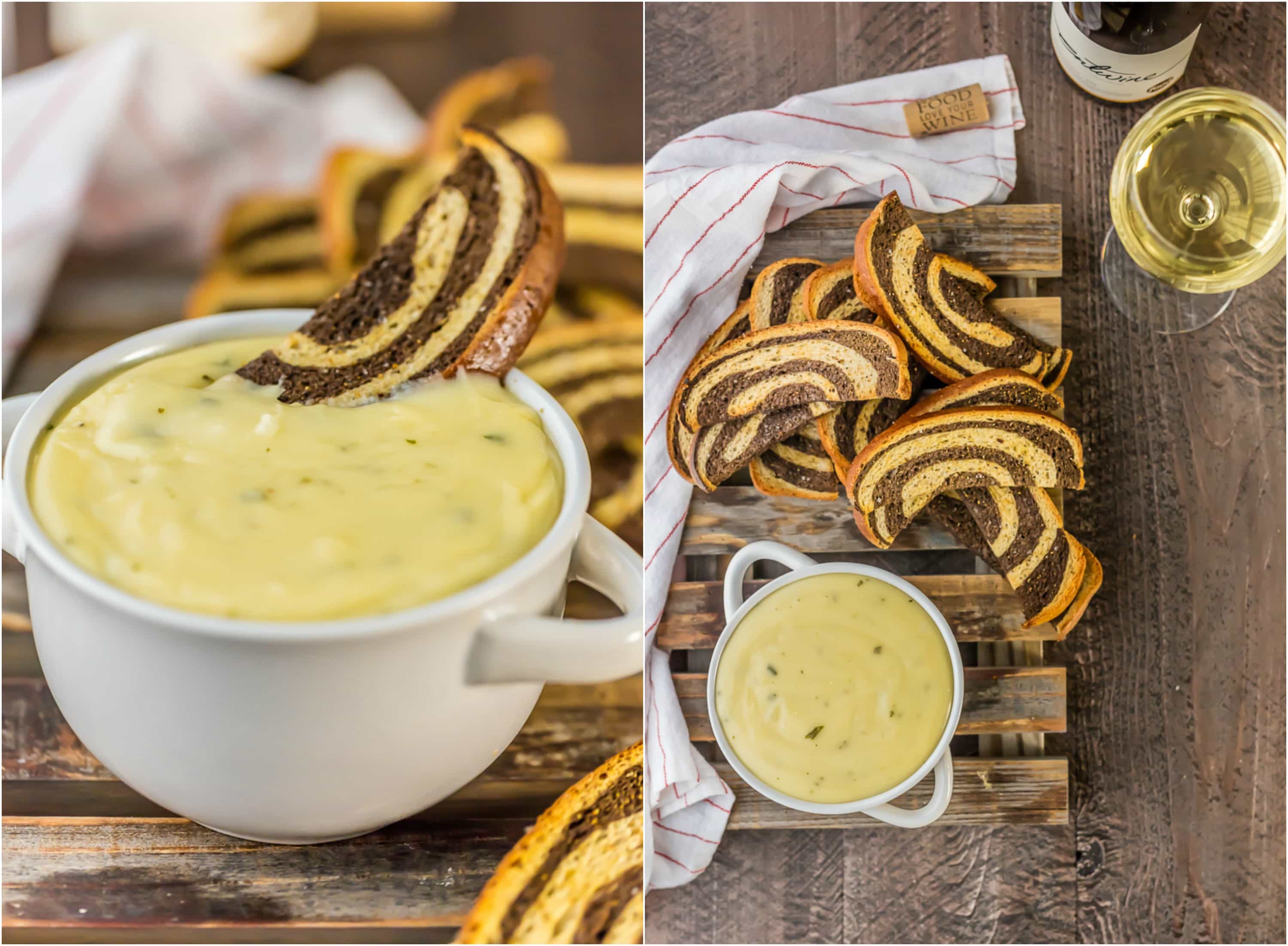 FONDUE DI VINO BIANCO SUPER FACILE! Prodotto con vino svizzero, gouda e, naturalmente, bianco. Ricetta facile, di formaggio, dolce e deliziosa! Fatto in pochi minuti! Servito con crostini di segale marinati!