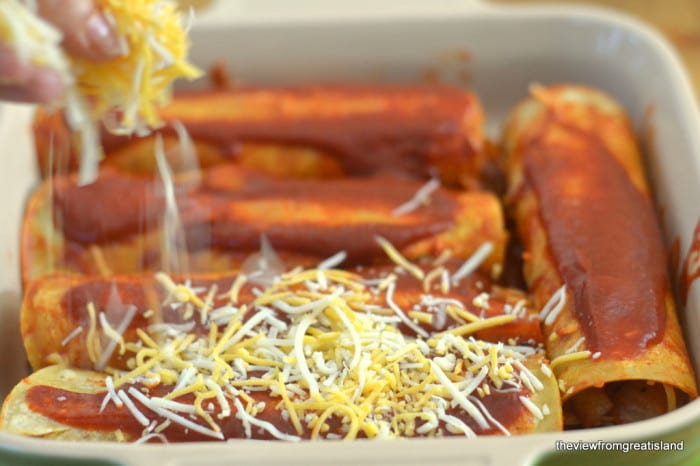 Espolvorear queso sobre queso y enchiladas de cebolla
