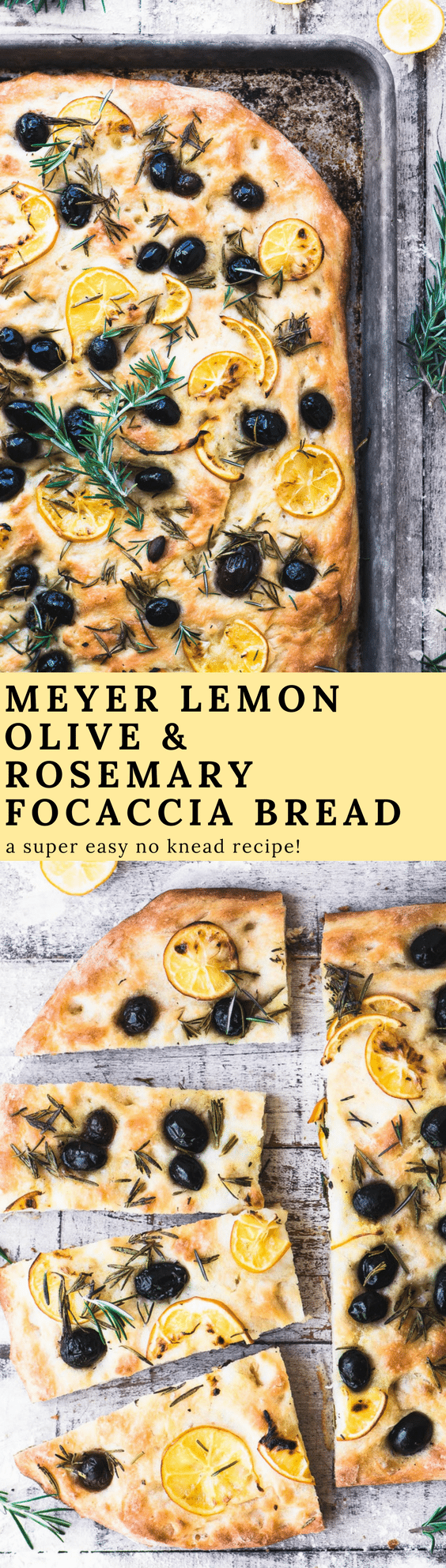 Rosemary and Olive No Knead Focaccia Bread with paper thin slices of Meyer lemon is a quick yeast bread you'll come back to time and again. #recipe #easy #appetizer #onehourbread #bread #noknead #bestfocacciabread #focaccia #Italianbread #quickbread #easybread #breadrecipe #flatbread #yeastbread #easyyeastbread #meyerlemon #olives #rosemary #herbbread
