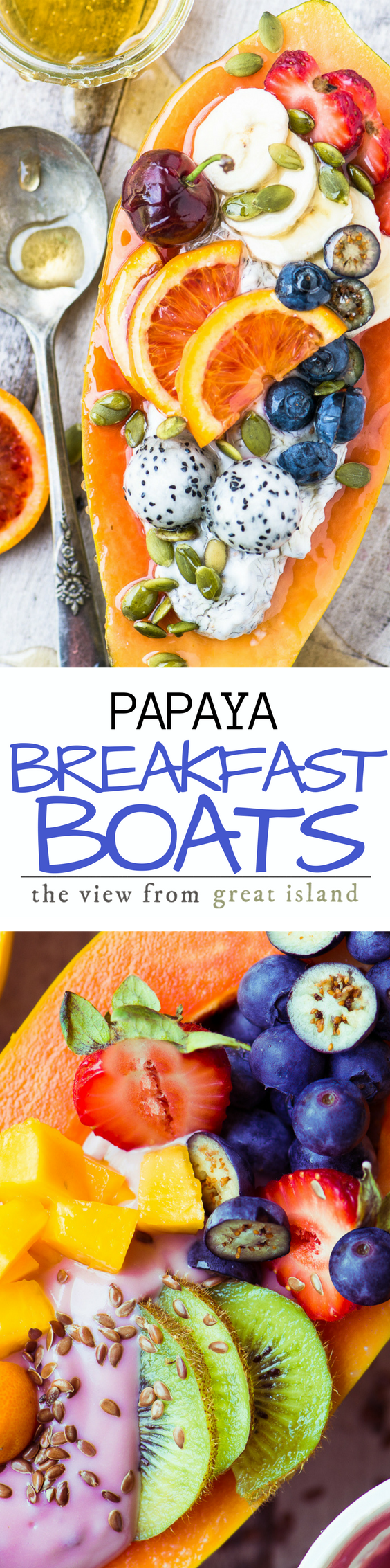 Papaya Breakfast Boats ~ a healthy non dairy breakfast made with fresh tropical papaya filled to the brim with yogurt and colorful fresh fruit. #breakfastbowl #papaya #healthy #yogurt #glutenfree #whole30 #protein #recipe #easy #brunch #fruit #recipe #benefits #smoothie #smoothiebowl
