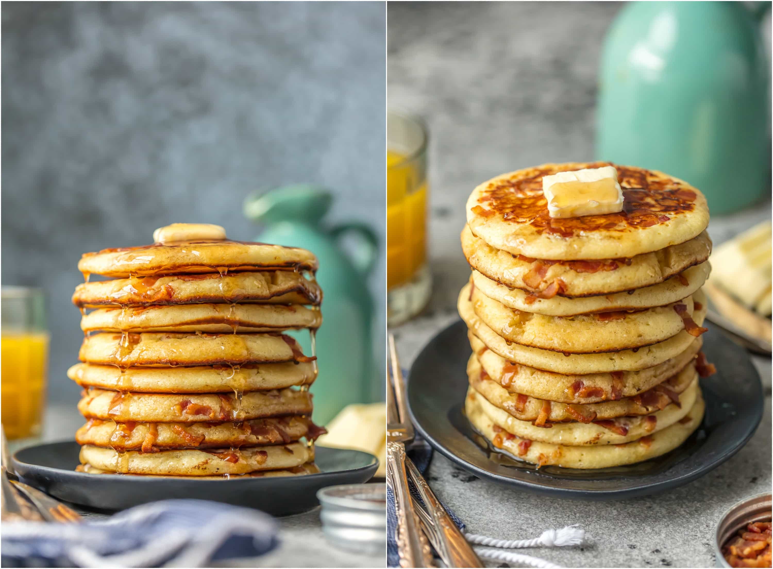BACON PANCAKES sono stati i preferiti della famiglia per anni! Abbiamo mangiato per la prima volta queste deliziose frittelle e pancetta al Calgary Stampede in Canada e le prepariamo da allora. Se stai pensando di fare torte di pancetta, oggi è il giorno! È la nostra ricetta preferita per la colazione facile. La combinazione salata / dolce non può essere battuta!