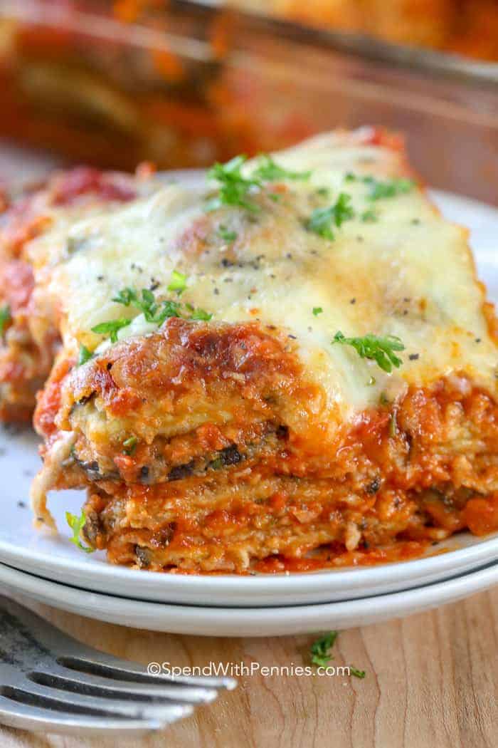 Eggplant Parmesan on a white plate
