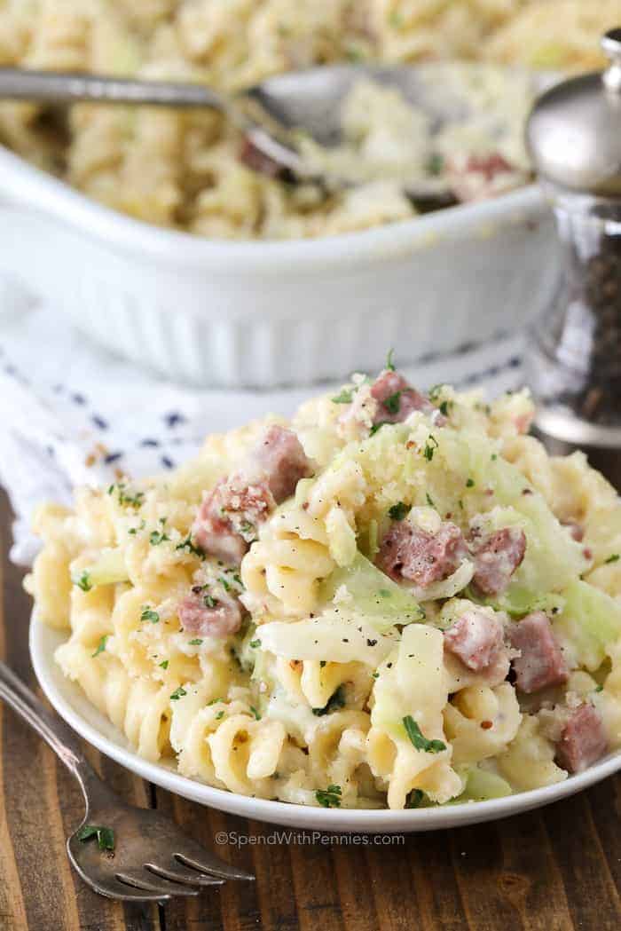 Reuben Casserole on a plate with a casserole dish in the background