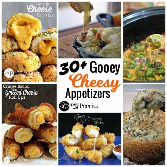 collage of cheesy appetizers including garlic cheese bombs, bacon grilled cheese rollups and cheese sticks