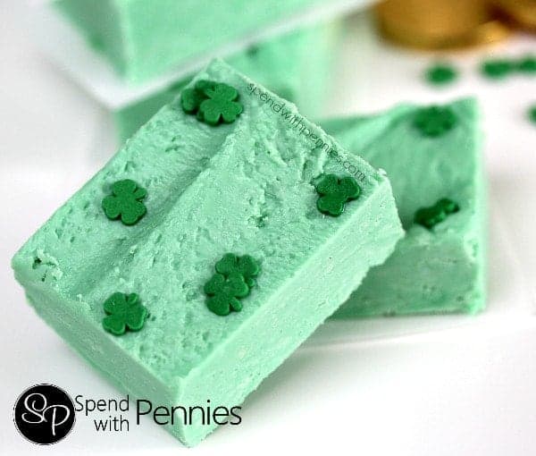 slices of 4 ingredient shamrock fudge with shamrock sprinkles