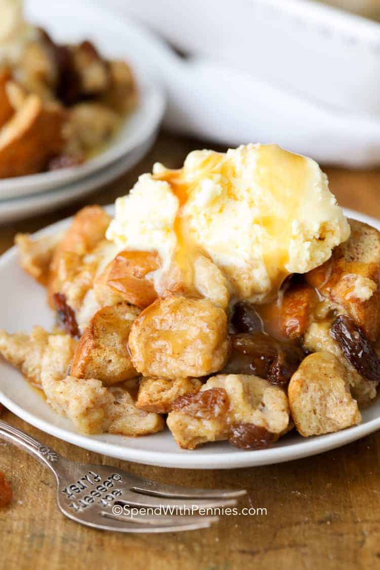 bread pudding on a plate with a fork