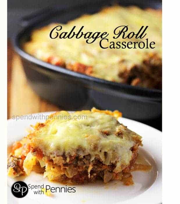 a serving of Cabbage Roll Casserole on a white plate with a casserole dish in the background