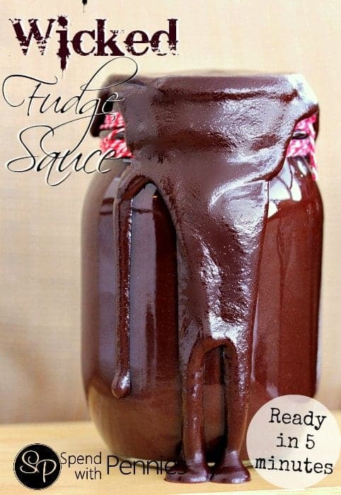 Wicked Hot Fudge Sauce in a jar and spilling out of the jar