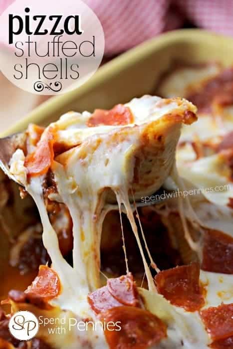 pasta shells stuffed with a lean beef & pepperoni filling and topped with gooey mozzarella cheese and pepperoni