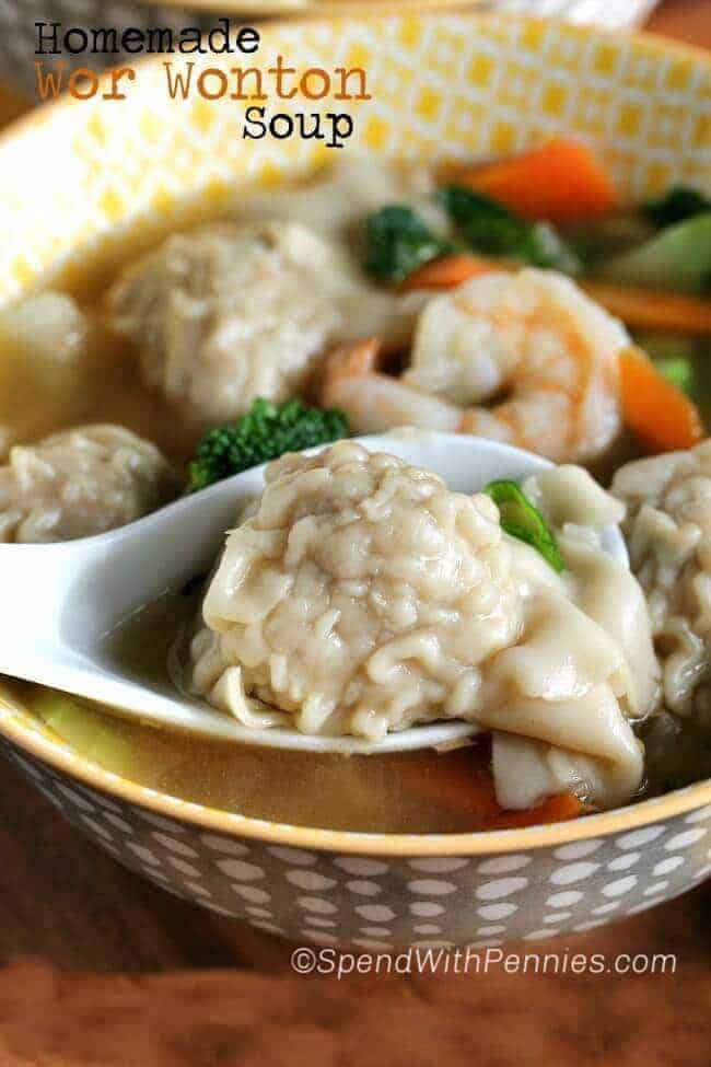Homemade Wor Wonton Soup in a bowl with writing