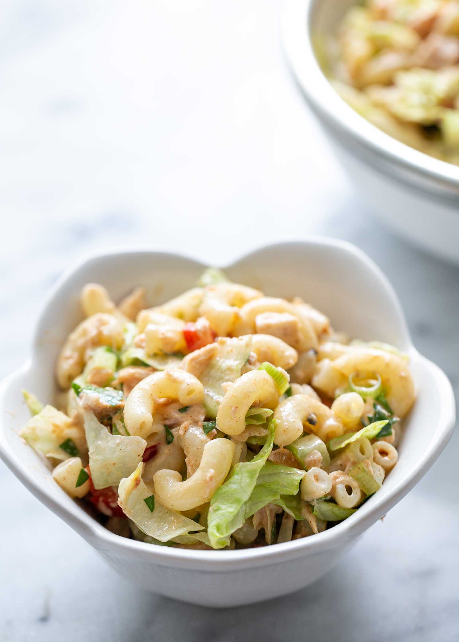 Tuna macaroni salad in a pretty bowl for serving