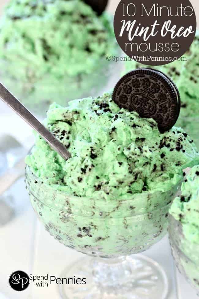 Chocolate Mint Oreo Mousse in a glass dish with an oreo