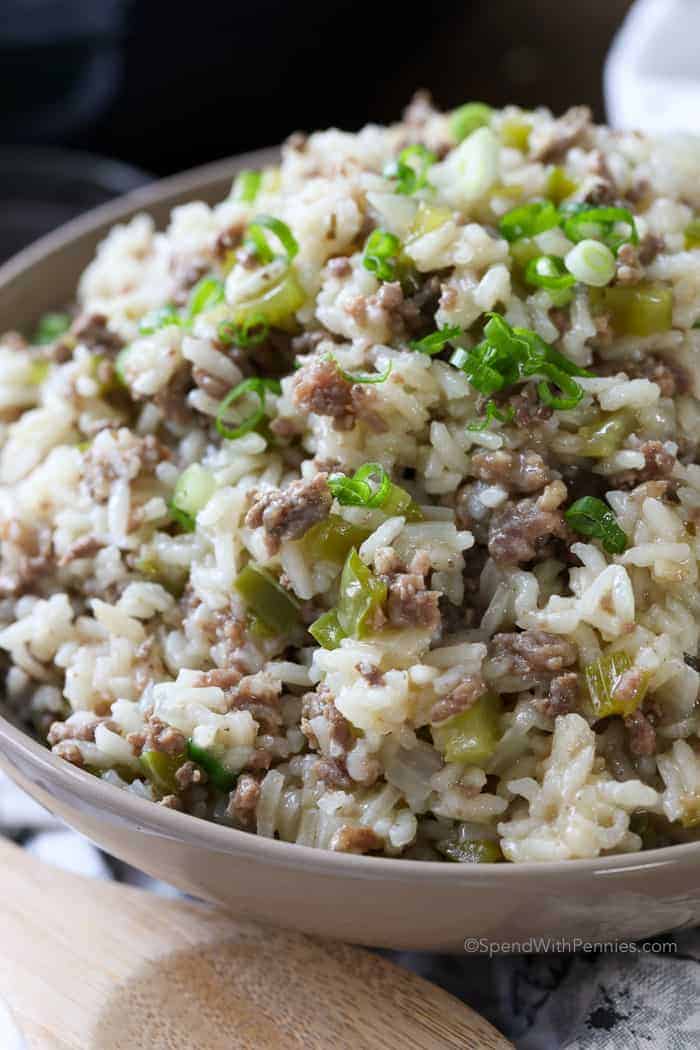Dirty Rice in a bowl with green onion