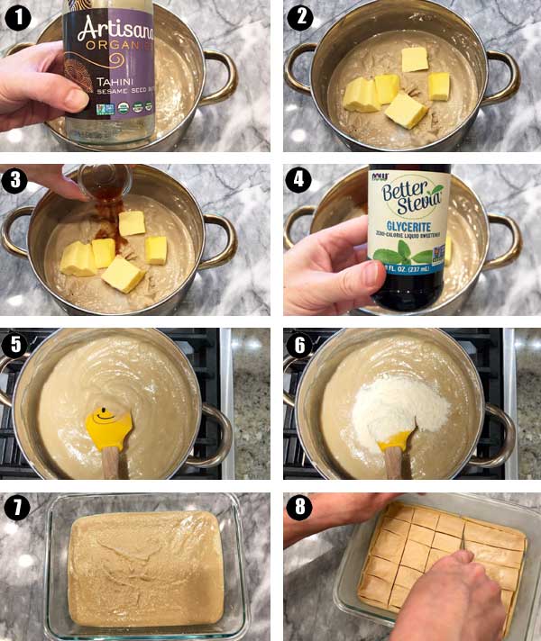 Como fazer keto tahini fudge, uma colagem de fotos passo a passo