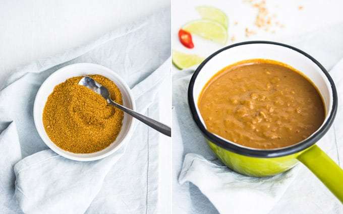 Tempero de Satay e molho de Satay para a tigela de macarrão Satay de porco