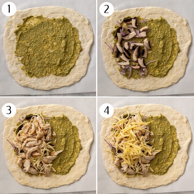 Uma colagem de imagens mostrando as camadas de ingredientes em uma base de massa de pizza