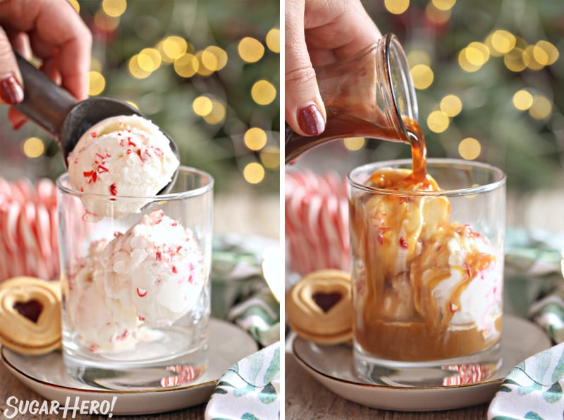 Affogato de hortelã - fotos lado a lado: pegando sorvete de menta em um copo e depois derramando café sobre ele | From SugarHero.com