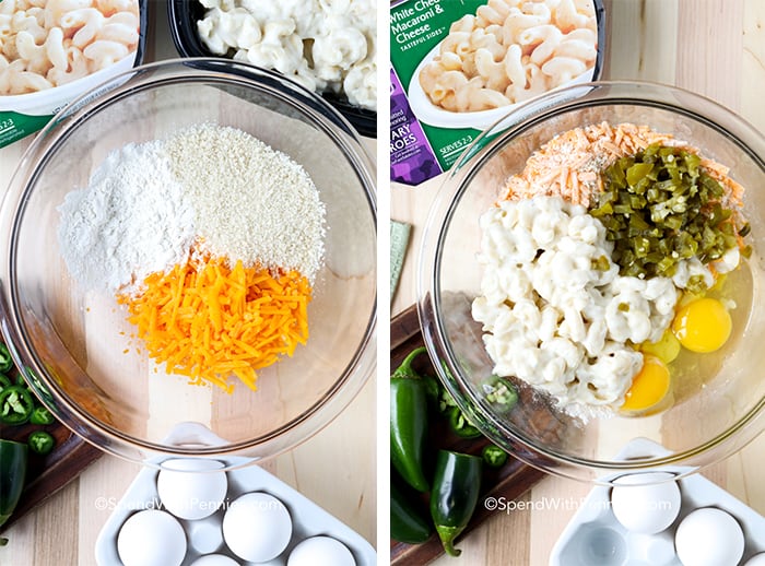 Duas imagens mostrando as etapas para preparar picadas de macro de jalapeño e queijo.