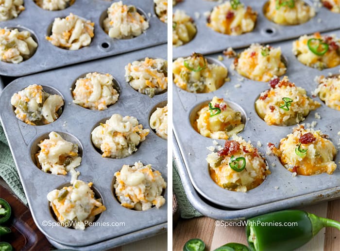 Duas imagens mostrando as mordidas de macarrão com queijo feitas em uma mini forma de muffin antes e depois do cozimento.