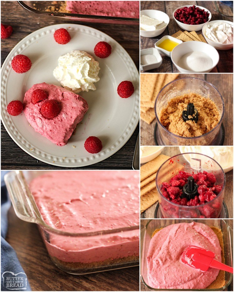 As barras de cheesecake de framboesa congelada são uma sobremesa simples feita pela combinação de cheesecake e framboesas. A receita doce, cremosa e deliciosa do cheesecake de framboesa não cozido pode ser preparada com antecedência e preparada rapidamente.