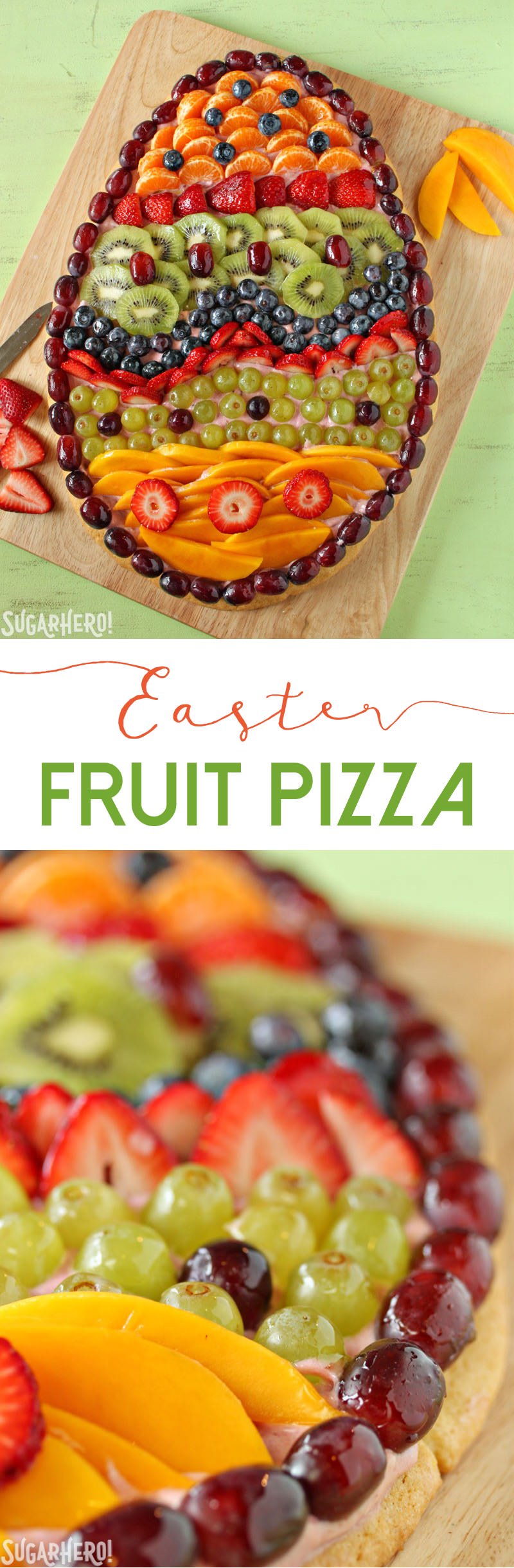Pizza de frutas com ovos de Páscoa: frutas frescas, creme de morango e queijo e uma massa de biscoito de açúcar. O | From SugarHero.com