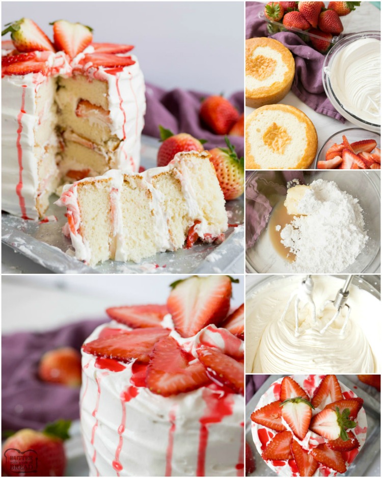 Strawberry Shortcake Cake Ă© um lindo bolo de baunilha recheado com cobertura de baunilha e morangos frescos. Bolo de morango Ă© fĂĄcil com uma mistura de bolo de caixa e uma cobertura de smoothie espetacular!