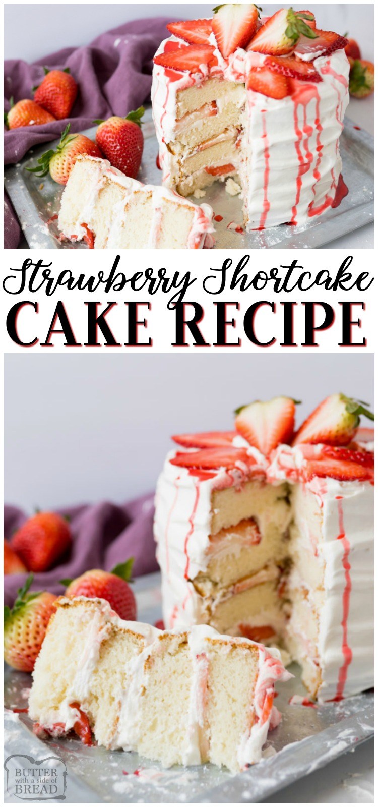 Strawberry Shortcake Cake Ă© um lindo bolo de baunilha recheado com cobertura de baunilha e morangos frescos. Camadas deliciosas de bolo de morango tornam este bolo de morango fĂĄcil e elegante. #cake #strawberry #shortcake #strawberries #baking #dessert #recipe de MANTEIGA COM UM LADO DE PĂO