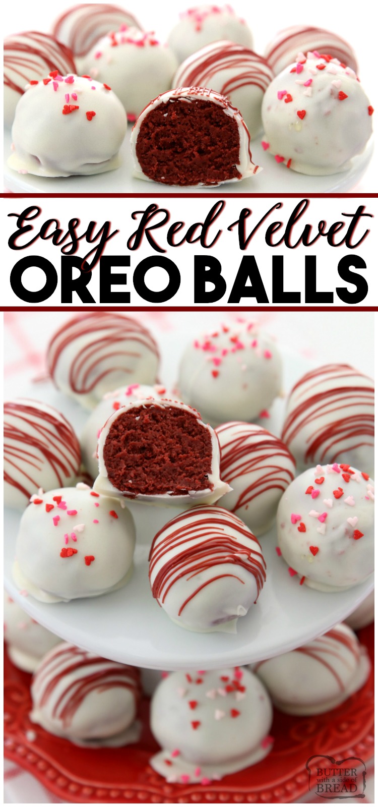 Bolas de veludo vermelho Oreo feitas com apenas 3 ingredientes e perfeitas para o dia dos namorados! Feito em minutos e tão delicioso, ninguém pode imaginar que eles são feitos com biscoitos Oreo! #redvelvet #oreo #trufas #candy #chocolate #ValentinesDay #dessert #recipe de MANTEIGA COM UM LADO DE PÃO