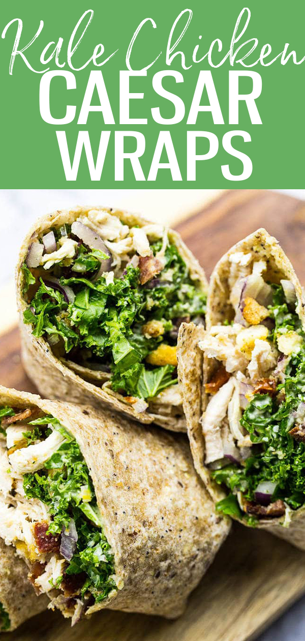 Estes envoltórios de frango e couve recheados de legumes são o almoço perfeito e incluem um molho vegetariano mais leve de abacate e césar vegetariano! #caesarwraps #kalecaesar