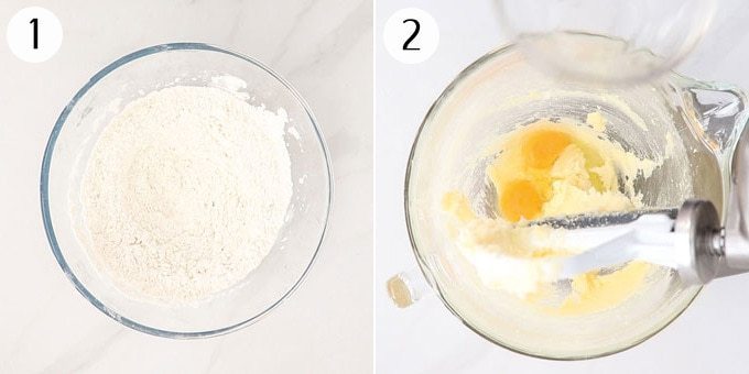Este bolo de amêndoa e limão, cheio de coalhada de limão e coberto com um creme de ricota fácil de fazer, é incrivelmente fácil de fazer. Feito em uma panela, é fácil de cortar e servir também. Colagem de fotos mostrando a mistura de massa de bolo