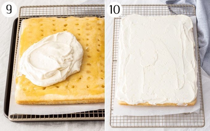 Este bolo de limão e amêndoa, cheio de coalhada de limão e coberto com um creme de ricota fácil de fazer, é incrivelmente fácil de fazer. Feito em uma panela, é fácil de cortar e servir também. Espalhando creme de ricota de limão em um bolo de limão
