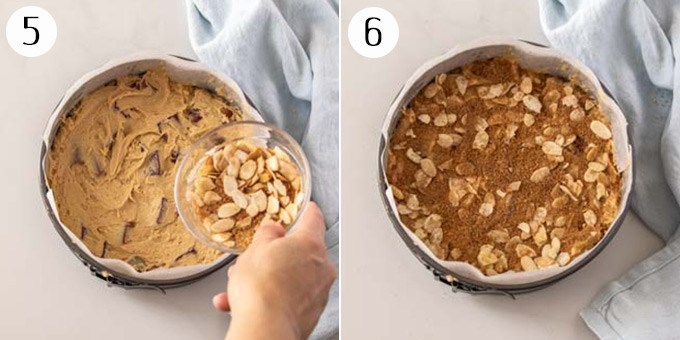 Estenda a massa de bolo de ruibarbo em uma forma de bolo e cubra com o streusel de amêndoa